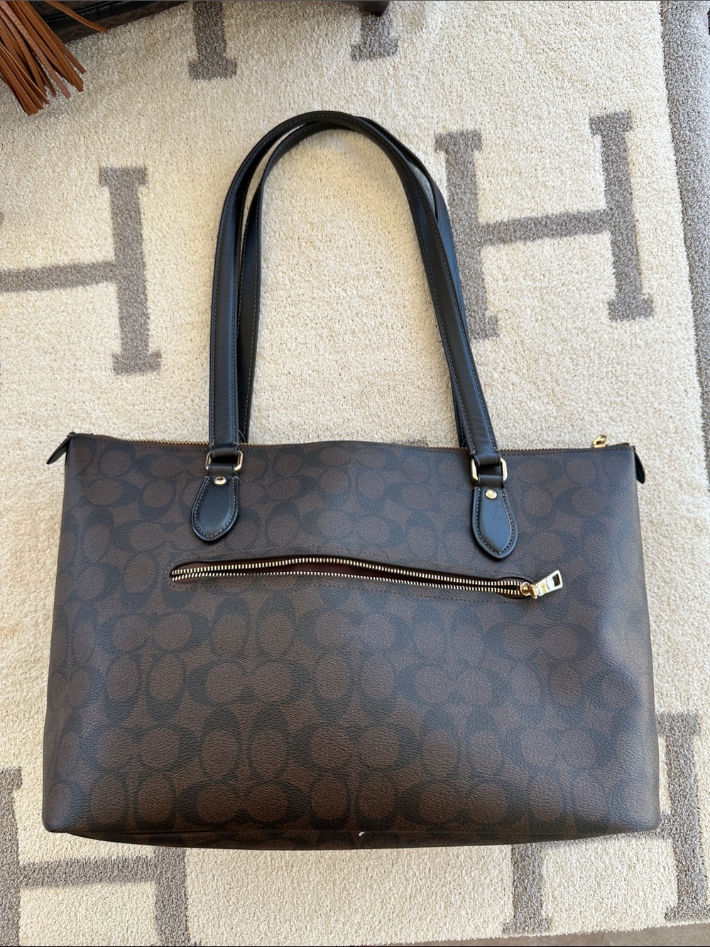 Coach Brown Logo Tote Bag with Black Handles